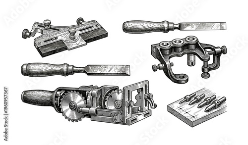Vintage woodworking tools and equipment sketch in black and white