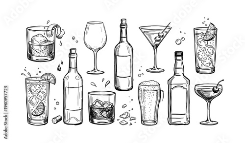 Hand-drawn assorted drinkware and bottles in black and white