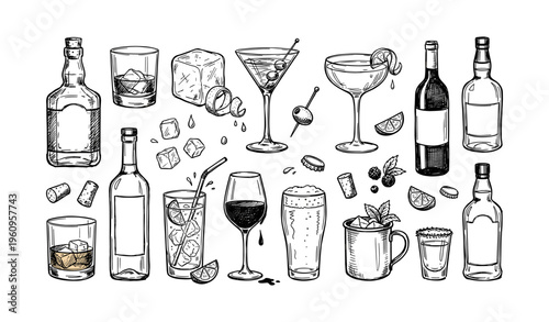 Assorted hand-drawn bar drinks collection: cocktails, wine, beer, spirits