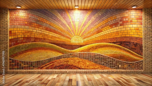 Warm-toned tile mosaic sunset mural adorns a room with wooden floors and brick accents, creating a serene and inviting atmosphere.