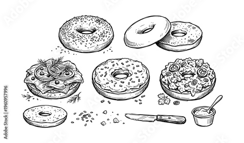 Hand-drawn bagels and cream cheese sketch with toppings and knife on white background