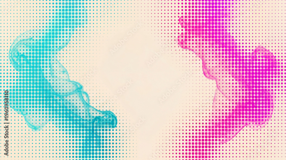 Fototapeta premium Minimal Halftone Smoke Dot Background with Blue and Pink Gradient, Modern Retro Poster Frame, Pop Art Urban Banner Design