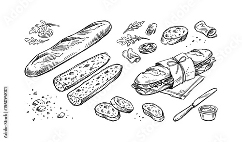 Hand-drawn rustic baguette and sandwich ingredients with bread slices