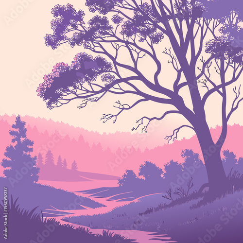 A large tree standing on a hill overlooking a stream