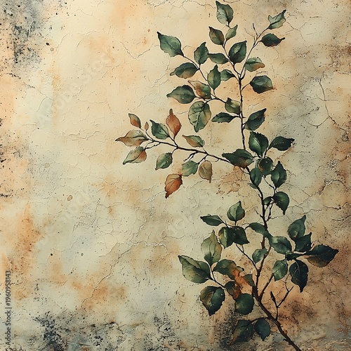 Botanical Beauty: Delicate branch with lush green leaves and hints of autumn color against a textured, earthy backdrop. 