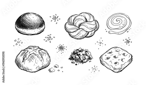 Hand-drawn bread illustrations with various types and textures