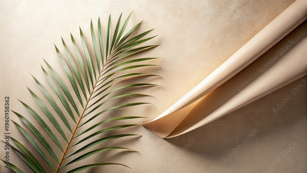 Fototapeta premium Serene Tropical Leaf and Draped Fabric Composition on Neutral Background