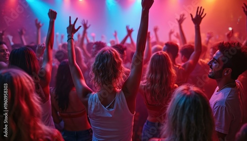 People dance and cheer at a lively music concert or club event. Colorful lights illuminate the energetic crowd enjoying a night out with friends, feeling joy and excitement.
