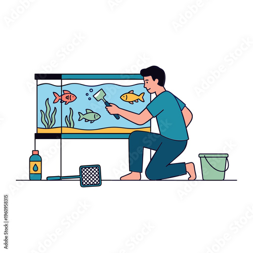 Man cleaning aquarium with fish inside using sponge and bucket nearby