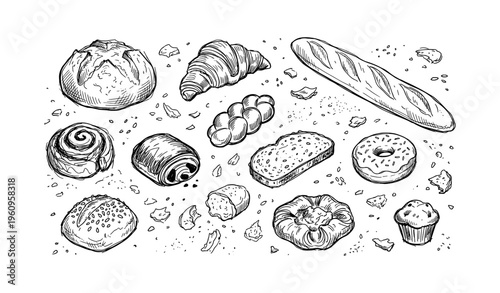 Hand-drawn variety of baked goods including bread, croissant, and pastries on white background