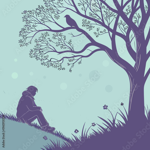 A person sitting under a tree with a bird on it