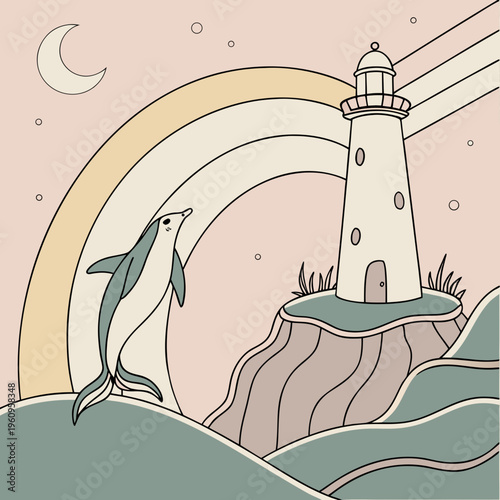 A dolphin jumping near a lighthouse with a rainbow