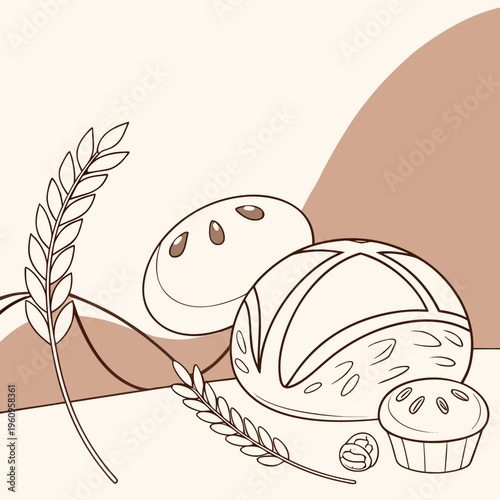 A loaf of bread and a bun and a muffin with wheat