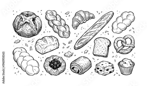 Assorted hand-drawn bakery items: bread, pastries, and pretzel in sketch style