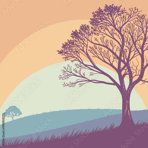 A tree on a hillside with another tree in the distance