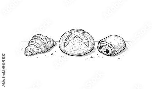 Hand-drawn bakery delights: croissant, bread, and roll