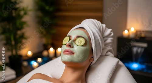 Relaxed woman enjoying spa treatment with cucumber slices.