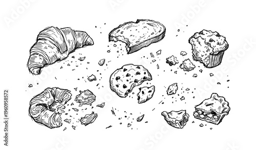 Hand-drawn sketches of pastries and bakery items on white background