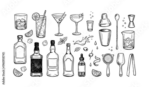 Hand-drawn cocktail and bar tools with various glasses and ingredients