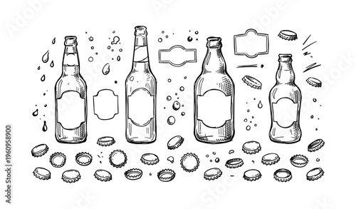Hand-drawn beer bottles with labels and caps in black and white