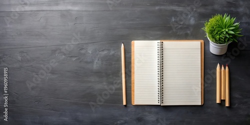 A Simple Workspace Featuring a Spiral Notebook, Pencils, and a Small Potted Plant on a Dark Wooden Surface