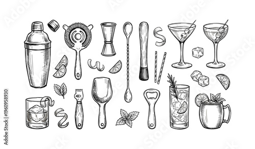 Hand-drawn cocktail bar tools and drinks collection