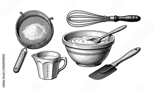 Vintage baking utensils - whisk, sifter, bowl, measuring cup, spatula illustration
