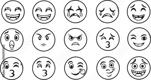 Set of fifteen hand drawn doodle emoji icons with various facial expressions isolated on white background, concept for corporate employee feedback, office communication and business