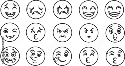 Set of fifteen hand drawn doodle emoji icons with various facial expressions isolated on white background, concept for corporate employee feedback, office communication and business