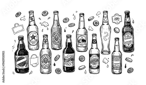Hand-drawn beer bottles and caps with vintage labels in black and white