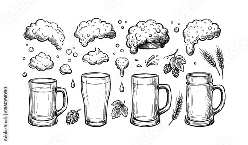 Hand-drawn beer mugs with foam, hops, and barley sketch