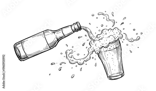 Hand-drawn beer bottle pouring into glass with splashing foam