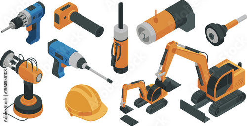 Isometric construction tools and machinery set, drills excavator equipment helmet industrial maintenance repair engineering vector illustration collection