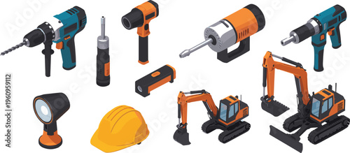 Isometric construction power tools and excavators set, drills machinery helmet industrial maintenance repair engineering equipment vector illustration collection