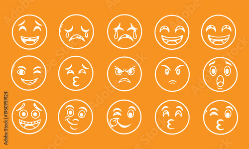 Set of fifteen hand drawn doodle emoji icons with various facial expressions isolated on white background, concept for corporate employee feedback, office communication and business