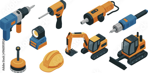 Isometric construction tools and machinery set, drills excavators equipment helmet industrial maintenance repair engineering worksite vector illustration collection