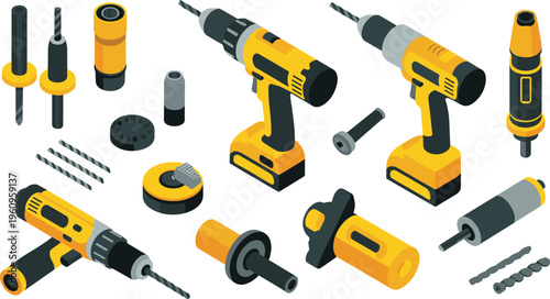 Isometric cordless power drills and accessories set, electric tools bits hardware construction maintenance repair workshop vector illustration collection