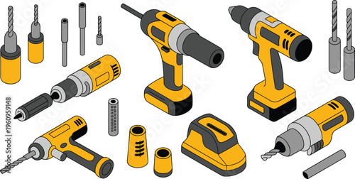 Isometric cordless power drills and bits set, electric tools equipment construction maintenance repair workshop hardware vector illustration collection