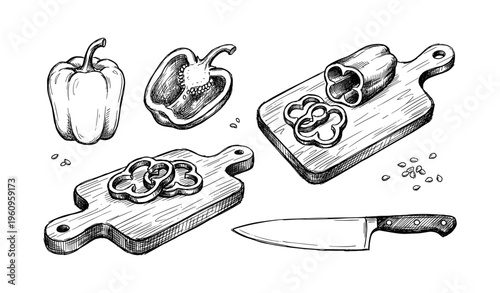 Sliced bell peppers on cutting boards with knife in sketch style