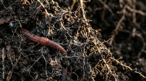 Earthworm in Rich Dark Soil with Plant Roots and Organic Matter