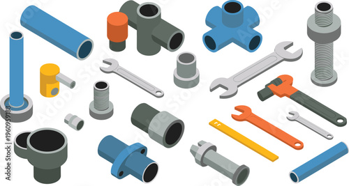 Isometric plumbing pipe fittings and tools set, industrial connectors valves wrenches maintenance repair construction equipment vector illustration collection