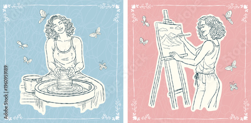 A charming illustration set featuring two creative hobbies: pottery and painting, for lifestyle designs, hobby concepts, workshops, and creative branding.