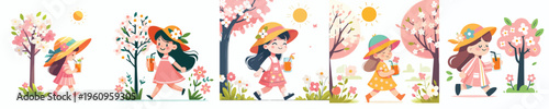 vector of a little girl walking and drinking orange ice in spring atmosphere