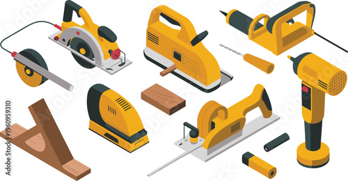 Isometric woodworking power tools set, electric saw drill sander cutter carpentry workshop equipment maintenance repair vector illustration collection