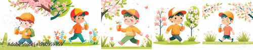 vector of a little boy walking and drinking orange ice in spring atmosphere