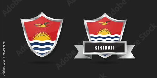 Kiribati Flag Shield and Ribbon Badge - Realistic Metallic Kiribati Emblem Vector