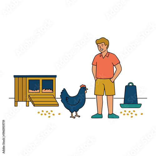 Man stands beside a chicken in farm yard with coop and feeder nearby outdoors