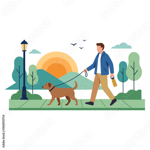 Man walking dog on sidewalk at sunset in park with trees and lamp post