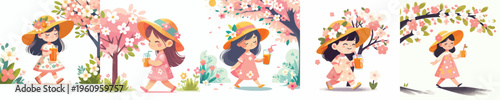 vector of a little girl walking and drinking orange ice in spring atmosphere