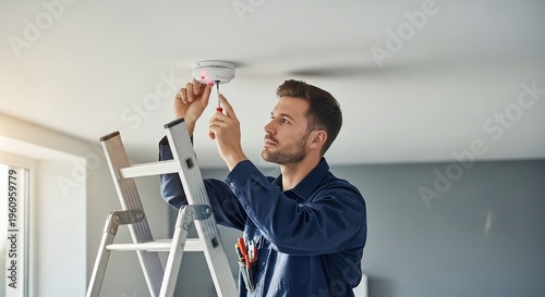 Technician Inspecting Ceiling Smoke Detector on Ladder in Modern Home